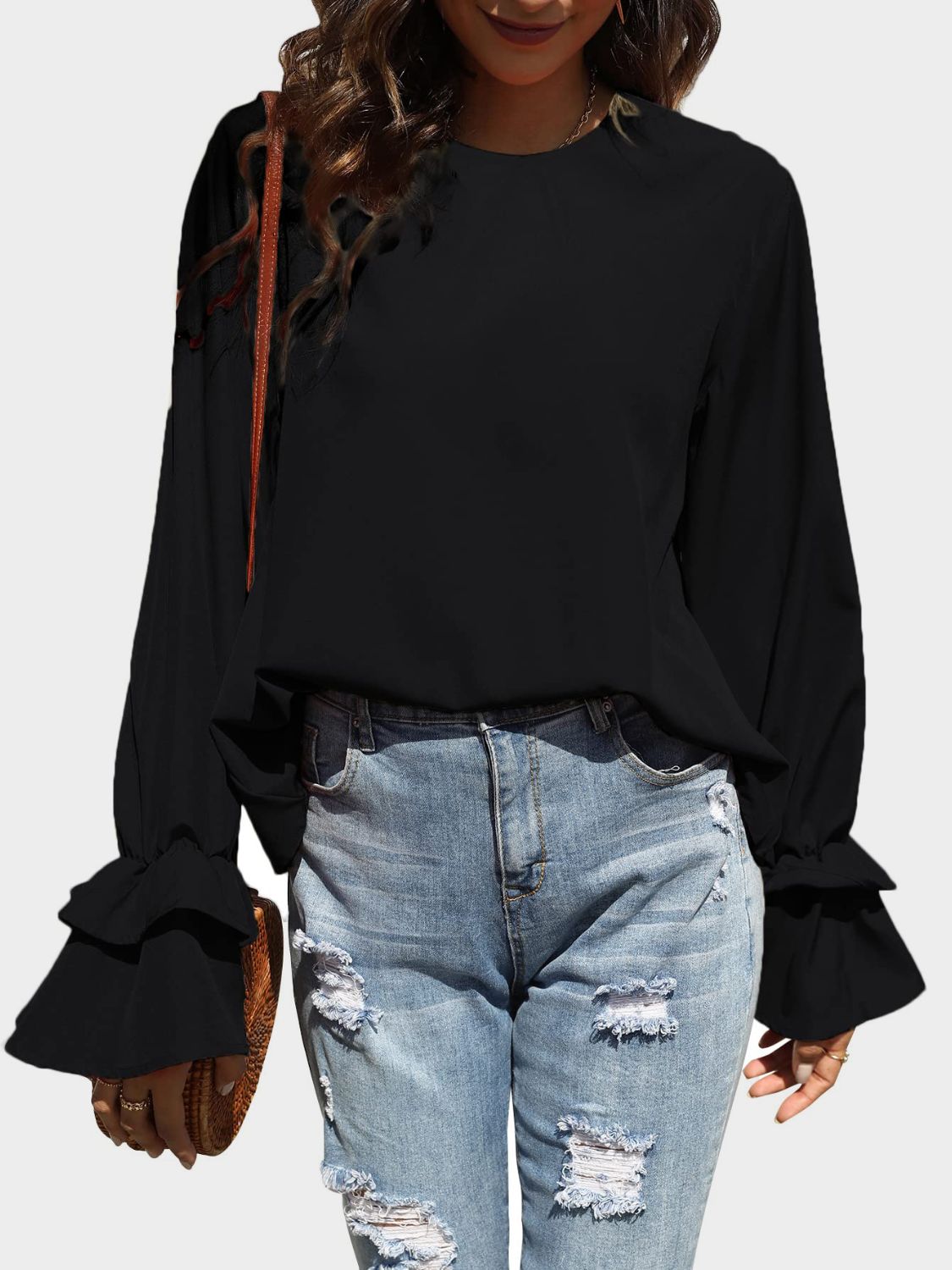 Round Neck Double-Layered Flounce Sleeve Top