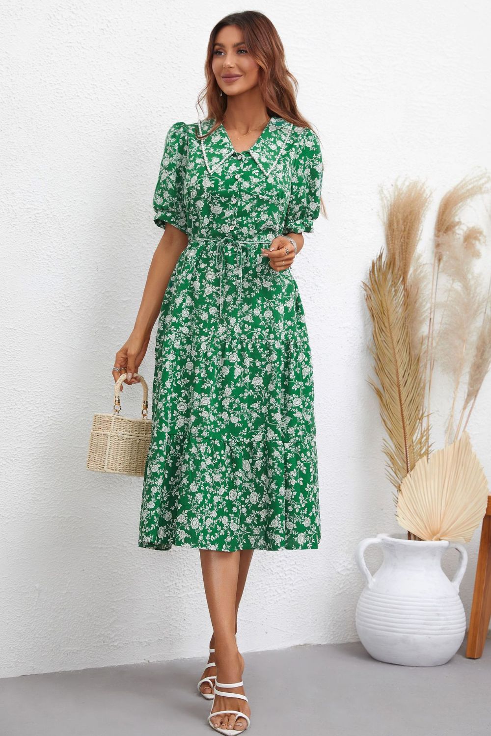 Honey Floral Tie Waist Puff Sleeve Midi Dress