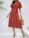 Perfee Slit Striped V-Neck Short Sleeve Midi Dress