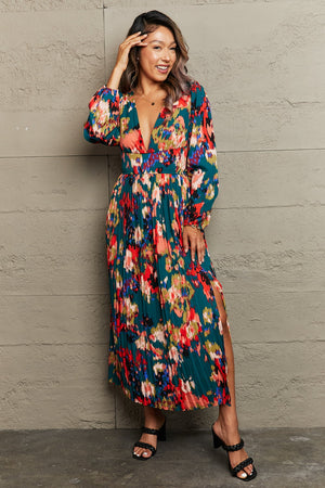 Perfee Printed Deep V Slit Pleated Dress