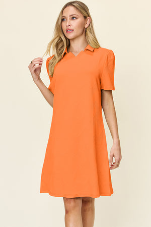 Double Take Full Size Texture Collared Neck Short Sleeve Dress