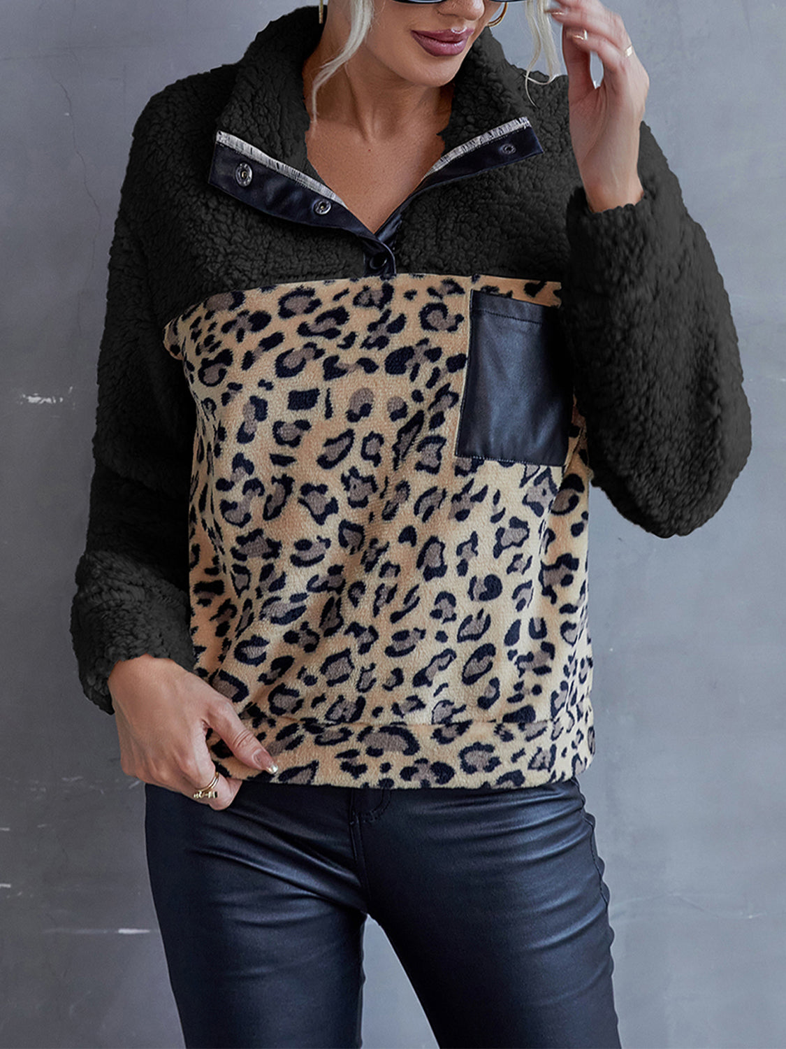 Ivy Lane Leopard Quarter-Snap Teddy Sweatshirt