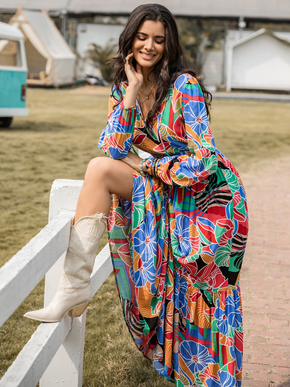 Printed Smocked Tie Neck Balloon Sleeve Maxi Dress