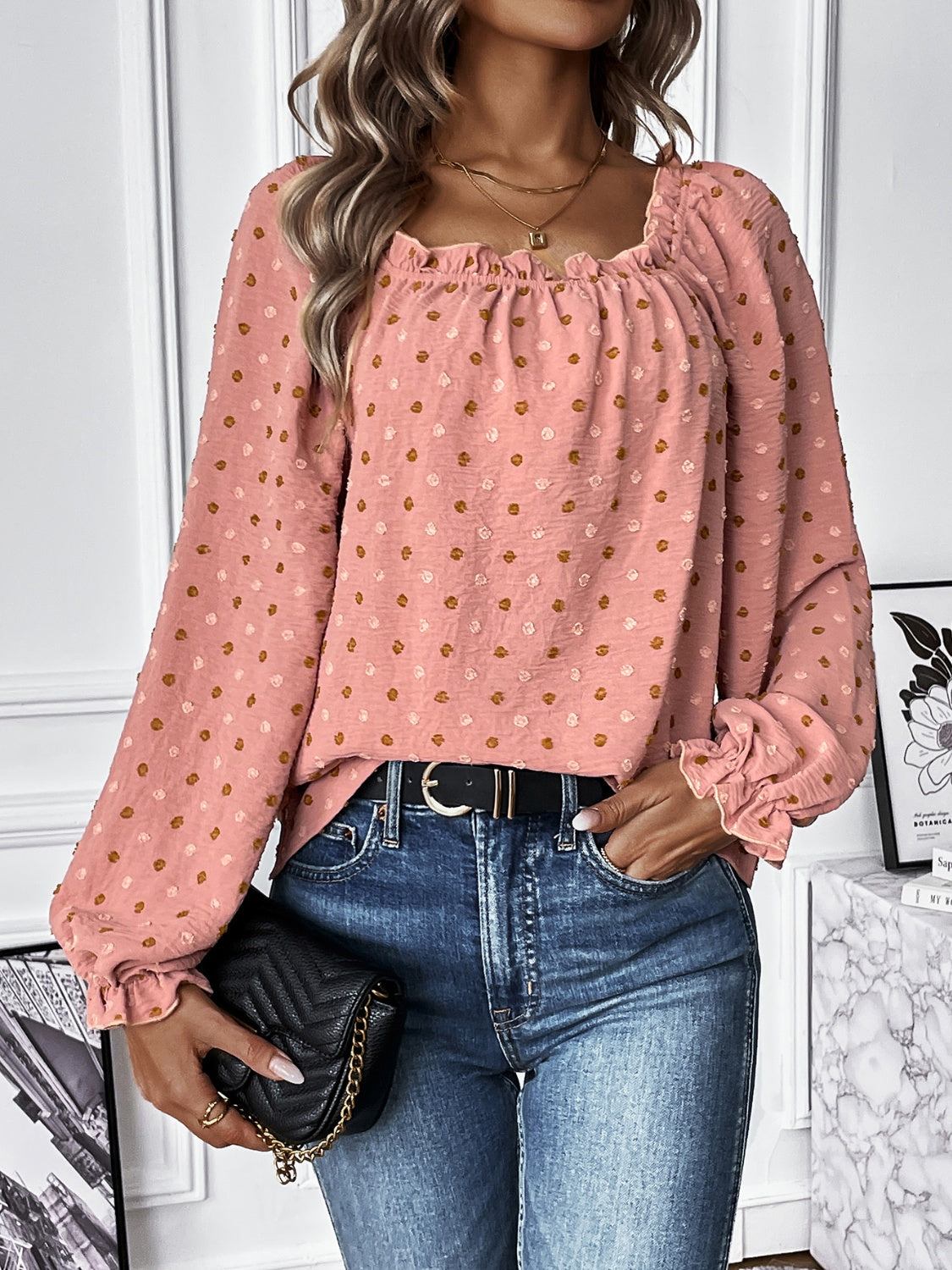 Honey Swiss Dot Square Neck Flounce Sleeve Blouse