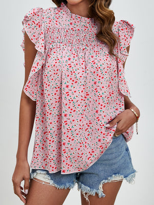 Ruffled Ditsy Floral Mock Neck Cap Sleeve Blouse