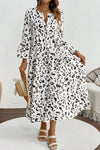 Tiered Leopard Notched Three-Quarter Sleeve Dress