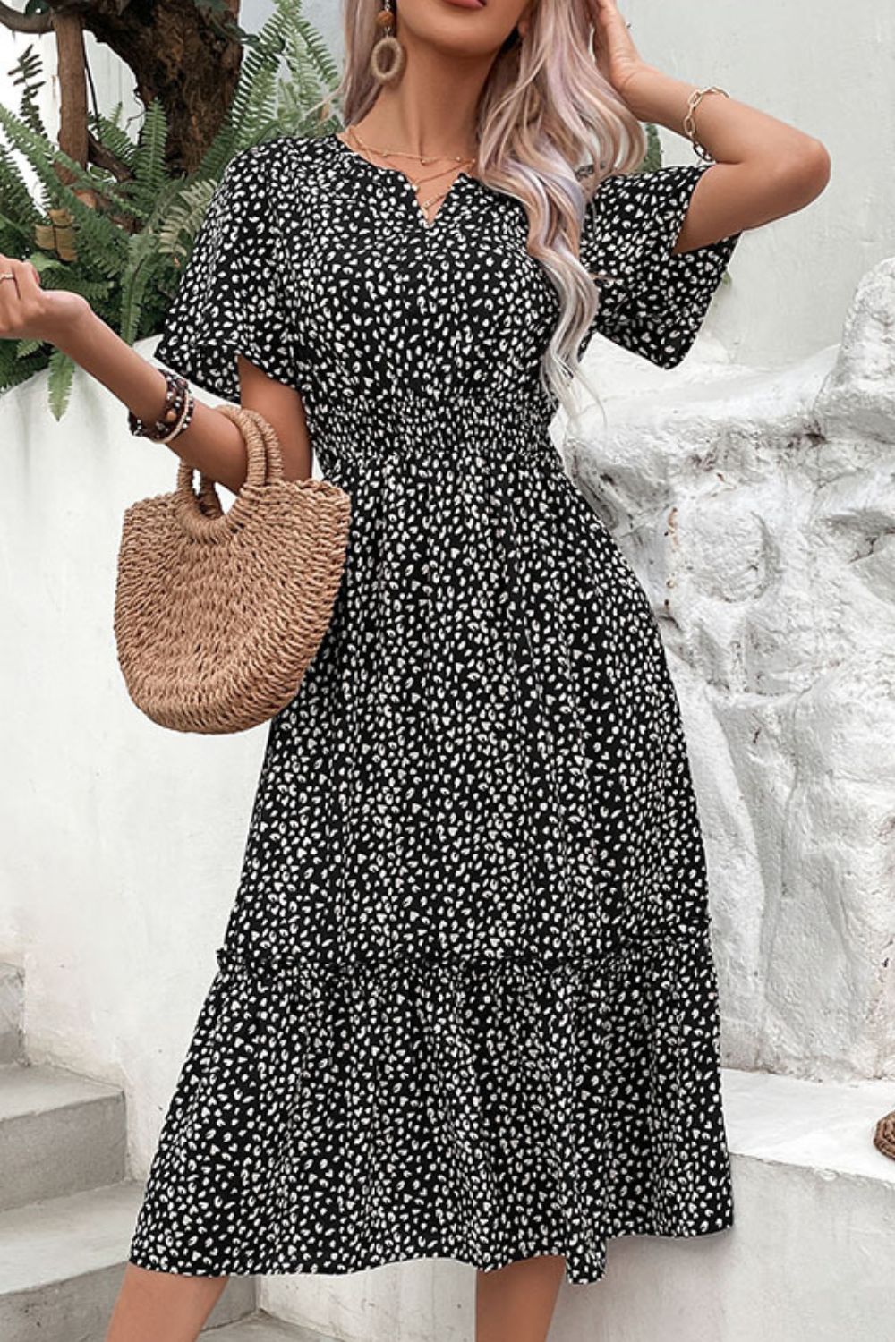 Perfee Leopard Print Short Sleeve Midi Dress