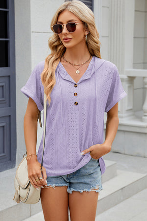 Eyelet Drawstring Hooded Short Sleeve Blouse