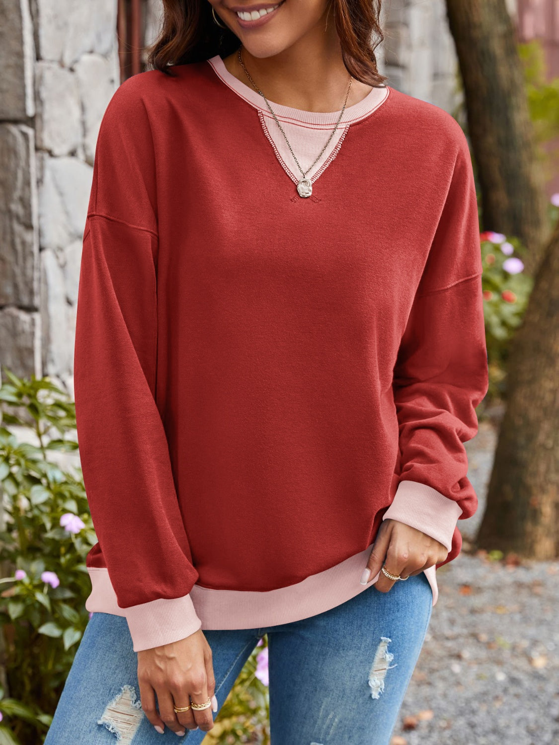 Lovelet Contrast Round Neck Long Sleeve Sweatshirt