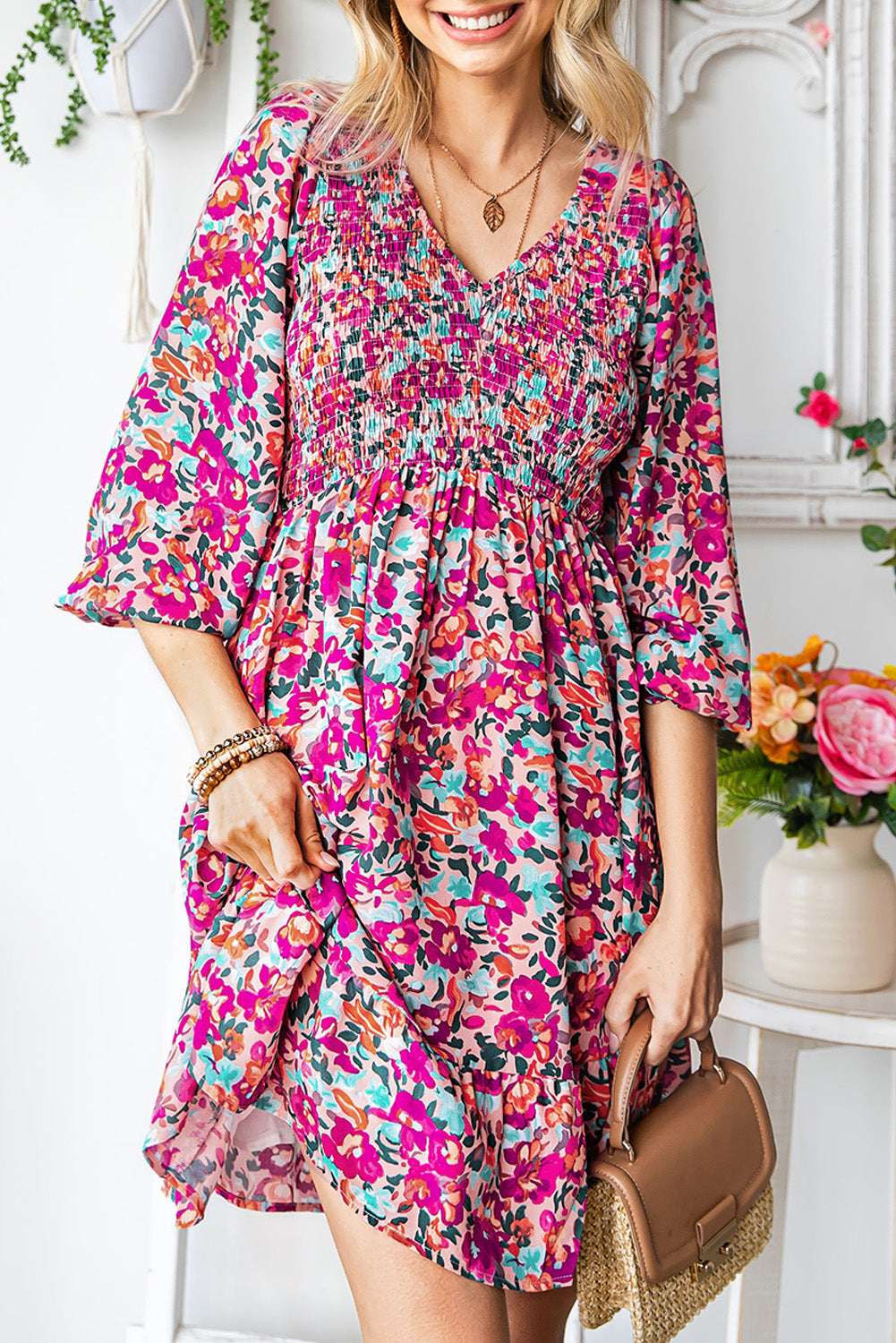 Floral Smocked V-Neck Flounce Sleeve Dress