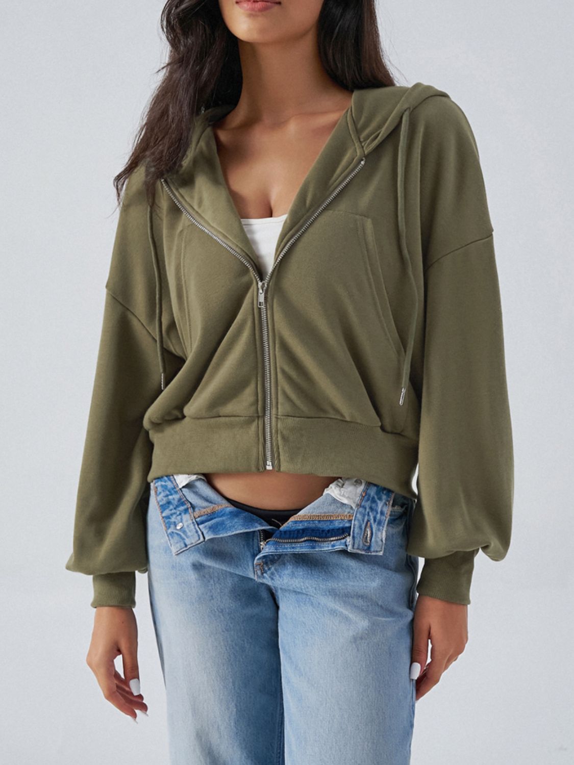 Devine Drawstring Zip Up Long Sleeve Hoodie