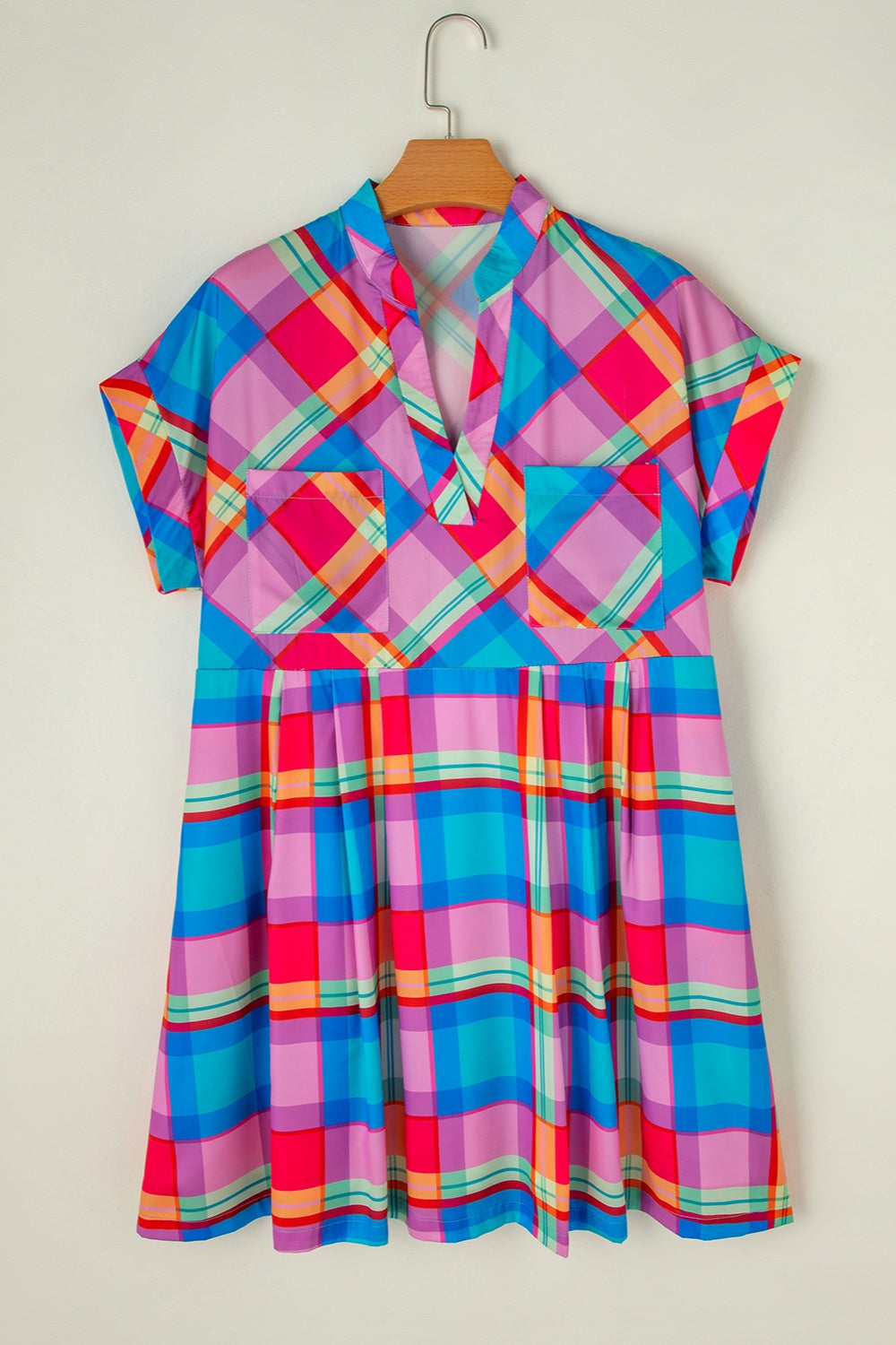 Plaid Notched Short Sleeve Mini Dress