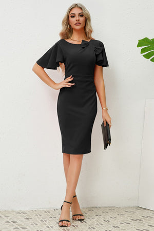 Slit Round Neck Flutter Sleeve Dress