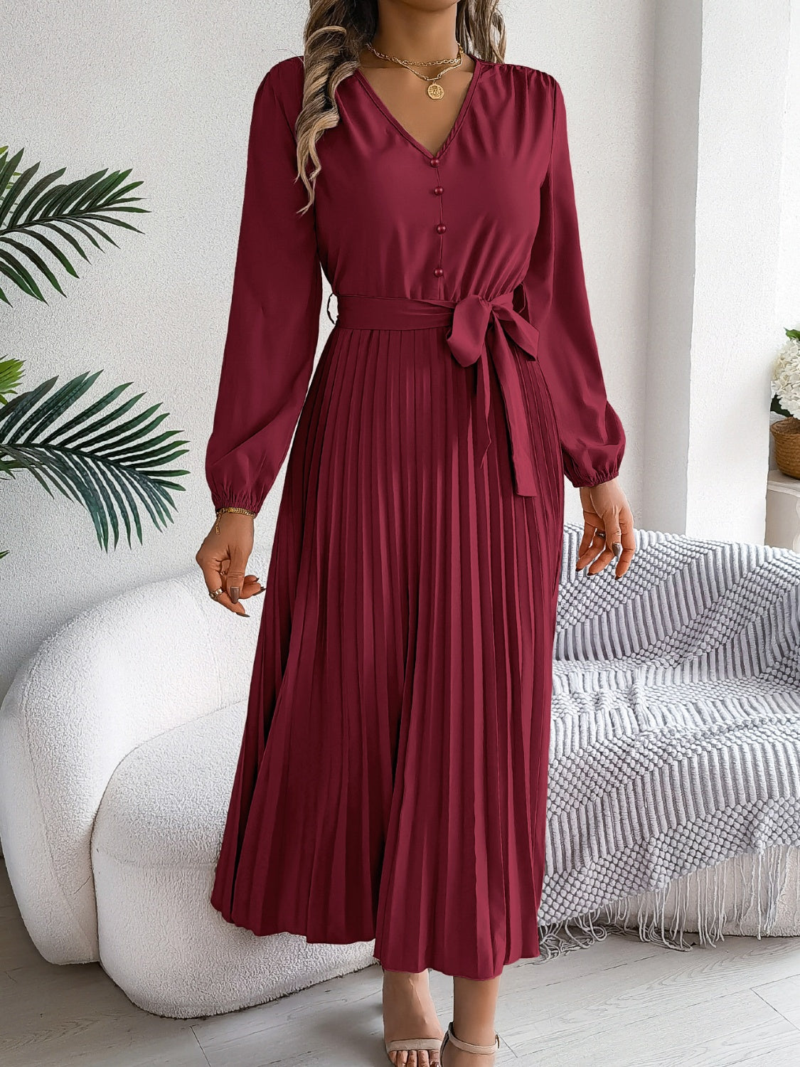 Pleated Tied V-Neck Long Sleeve Dress