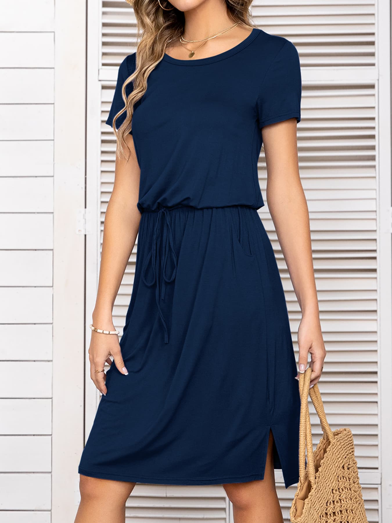 Round Neck Short Sleeve Slit Dress with Pockets