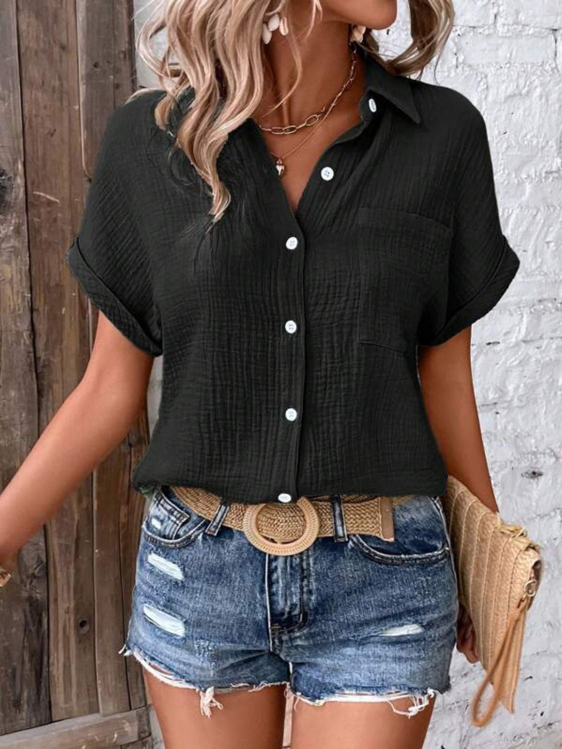 Lovelet Textured Button Up Short Sleeve Shirt