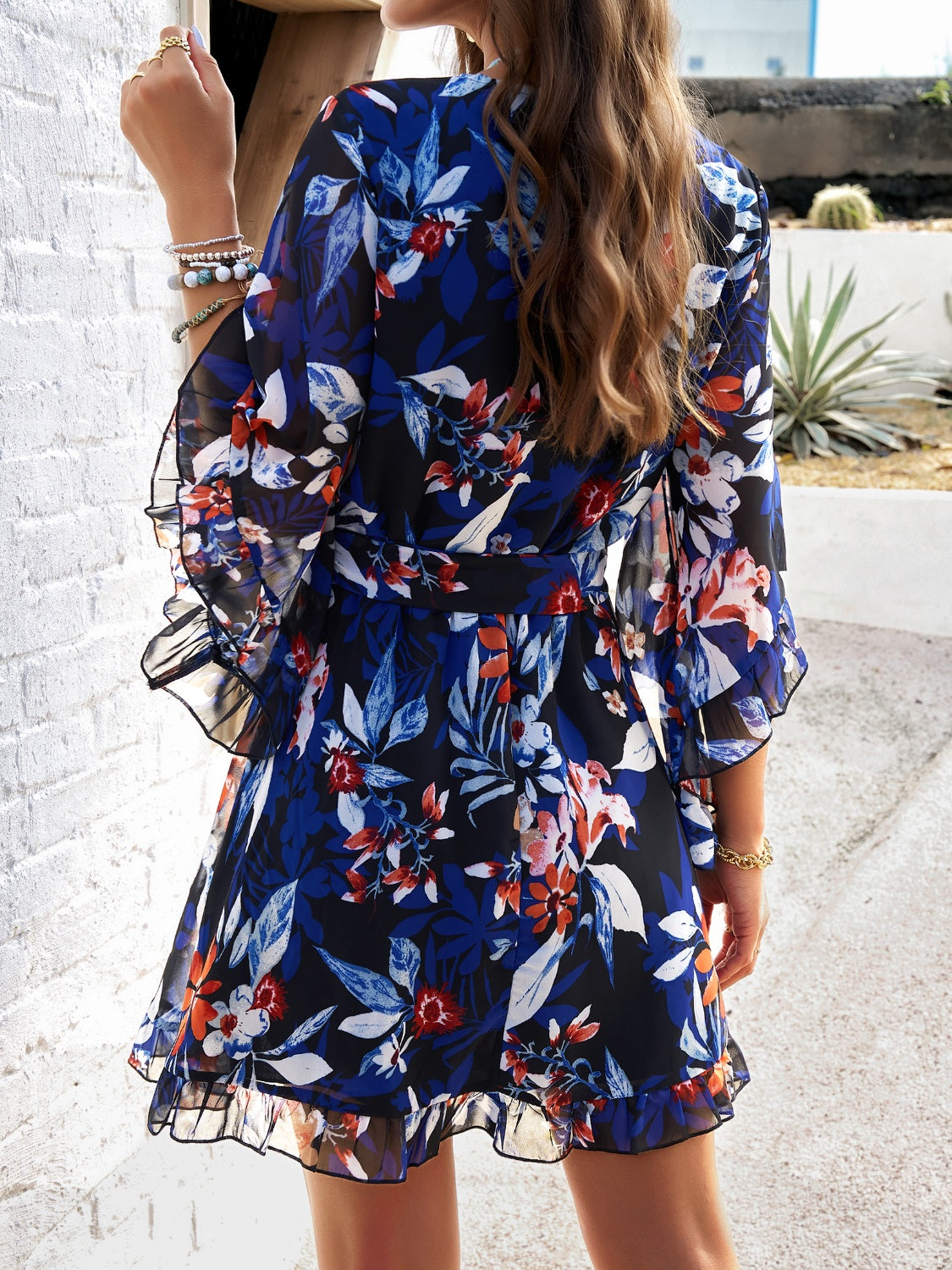 Devine Ruffled Printed Surplice Half Sleeve Mini Dress