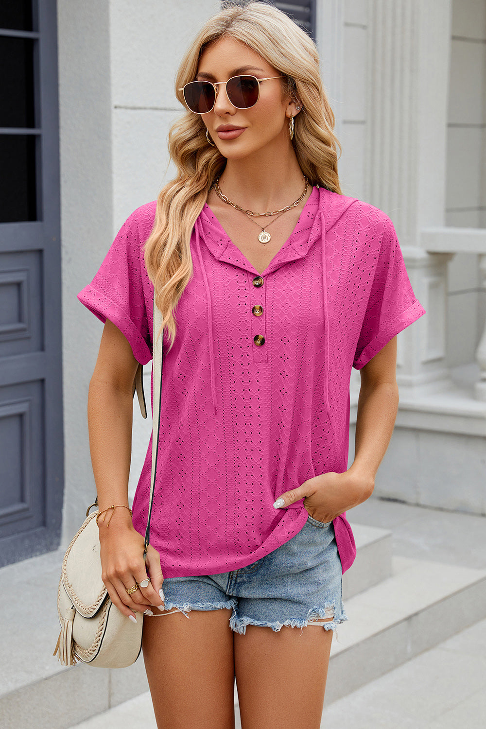 Eyelet Drawstring Hooded Short Sleeve Blouse