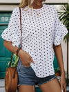 Perfee Slit Polka Dot Round Neck Half Sleeve Blouse