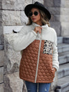 Leopard Color Block Zip Up Sherpa Jacket