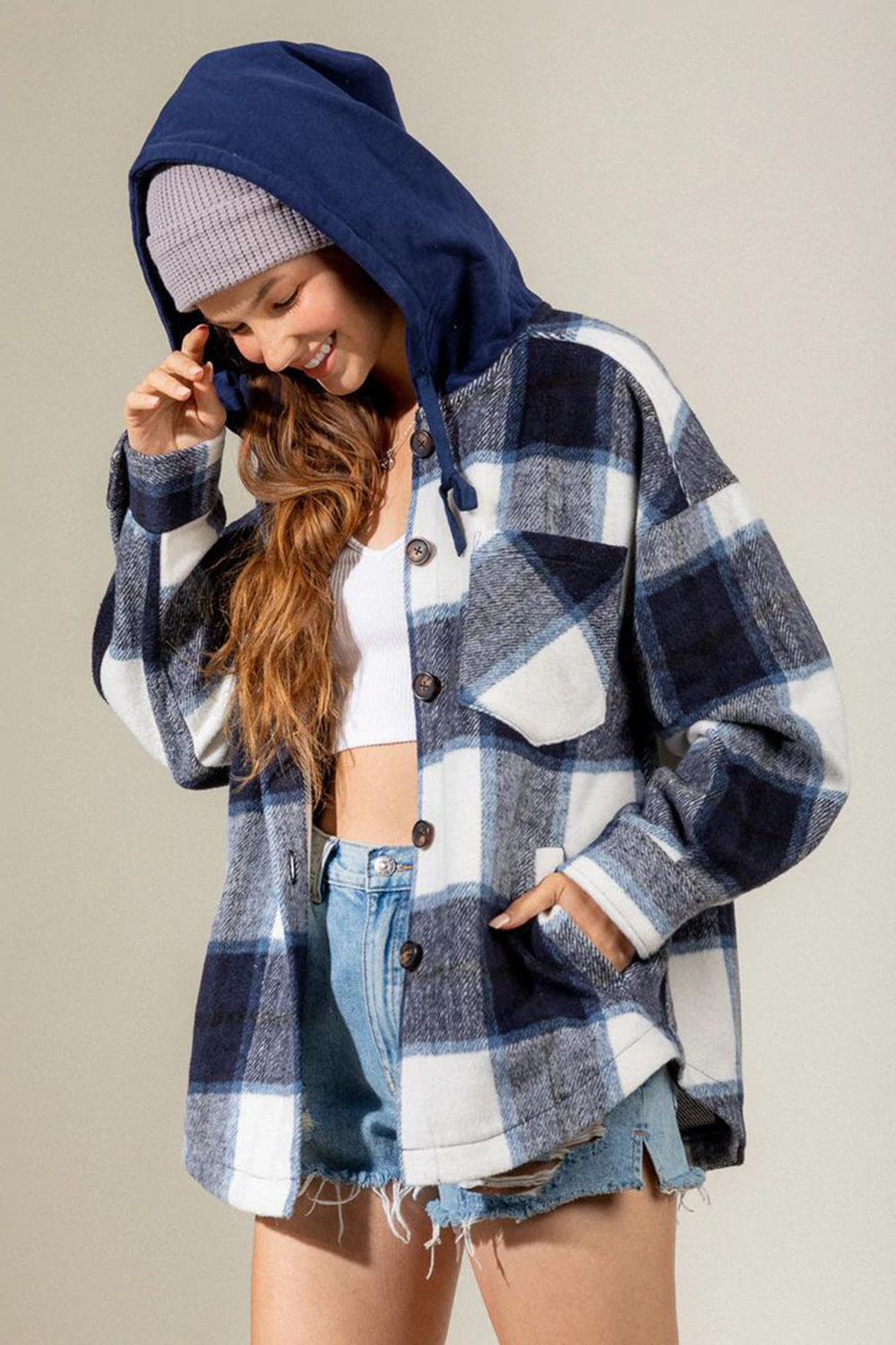 Drawstring Plaid Dropped Shoulder Hooded Shacket