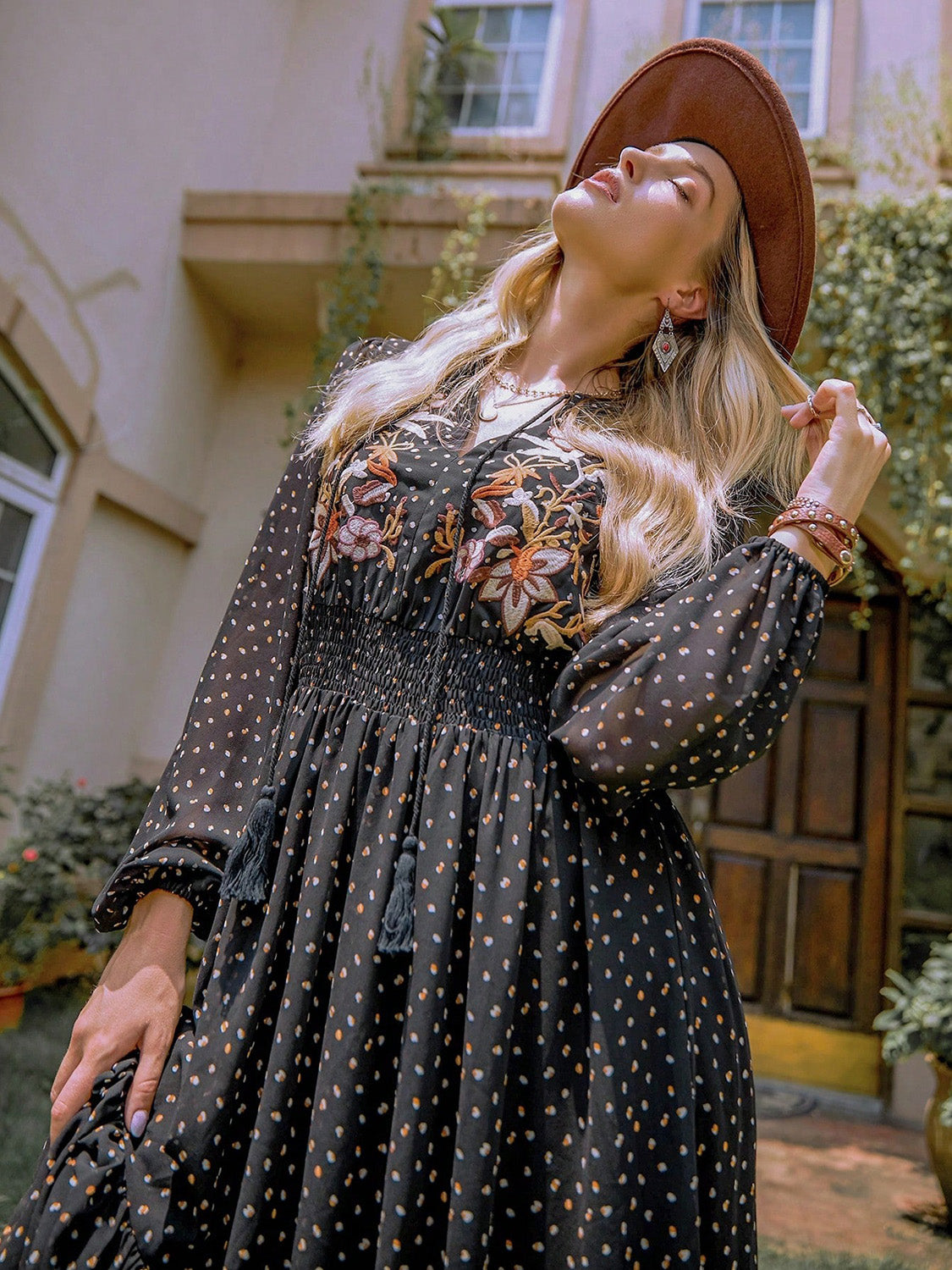 Embroidered Polka Dot Tie Neck Long Sleeve Midi Dress