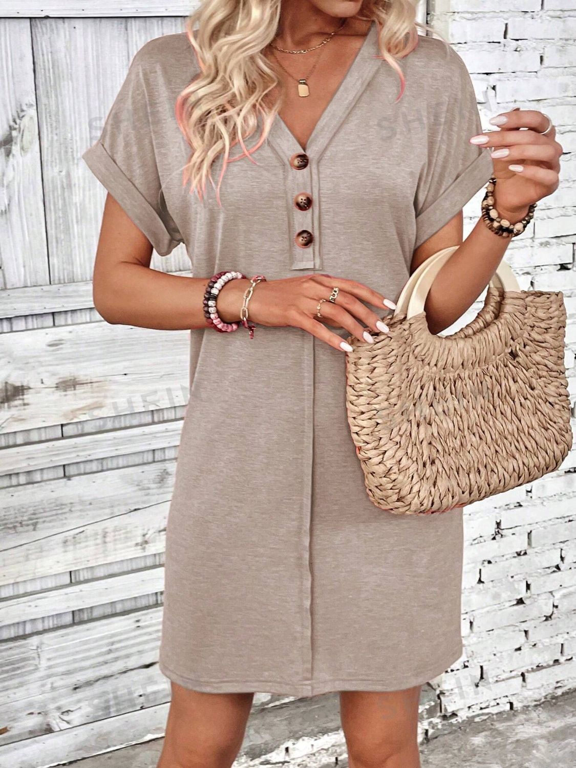 Quarter Button V-Neck Short Sleeve Dress