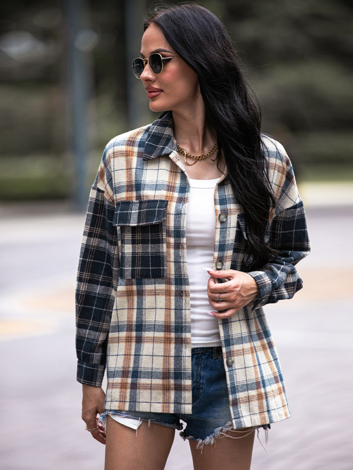 Shiny Plaid Dropped Shoulder Shacket