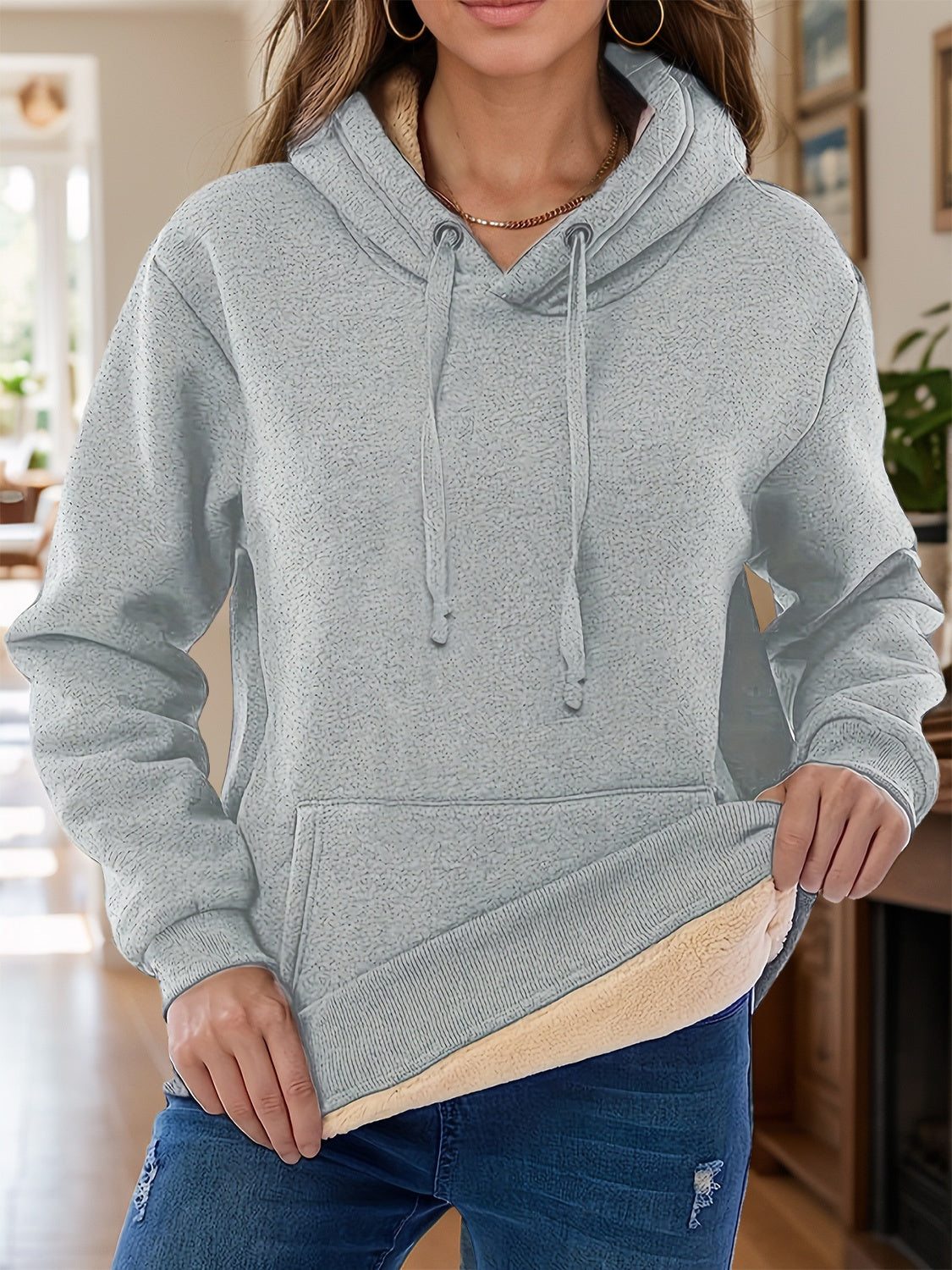 Drawstring Long Sleeve Hoodie with Kangaroo Pocket