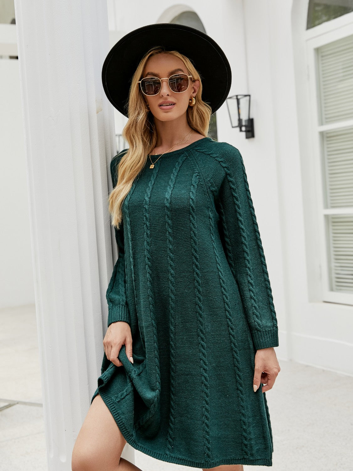 Cable-Knit Long Sleeve Sweater Dress