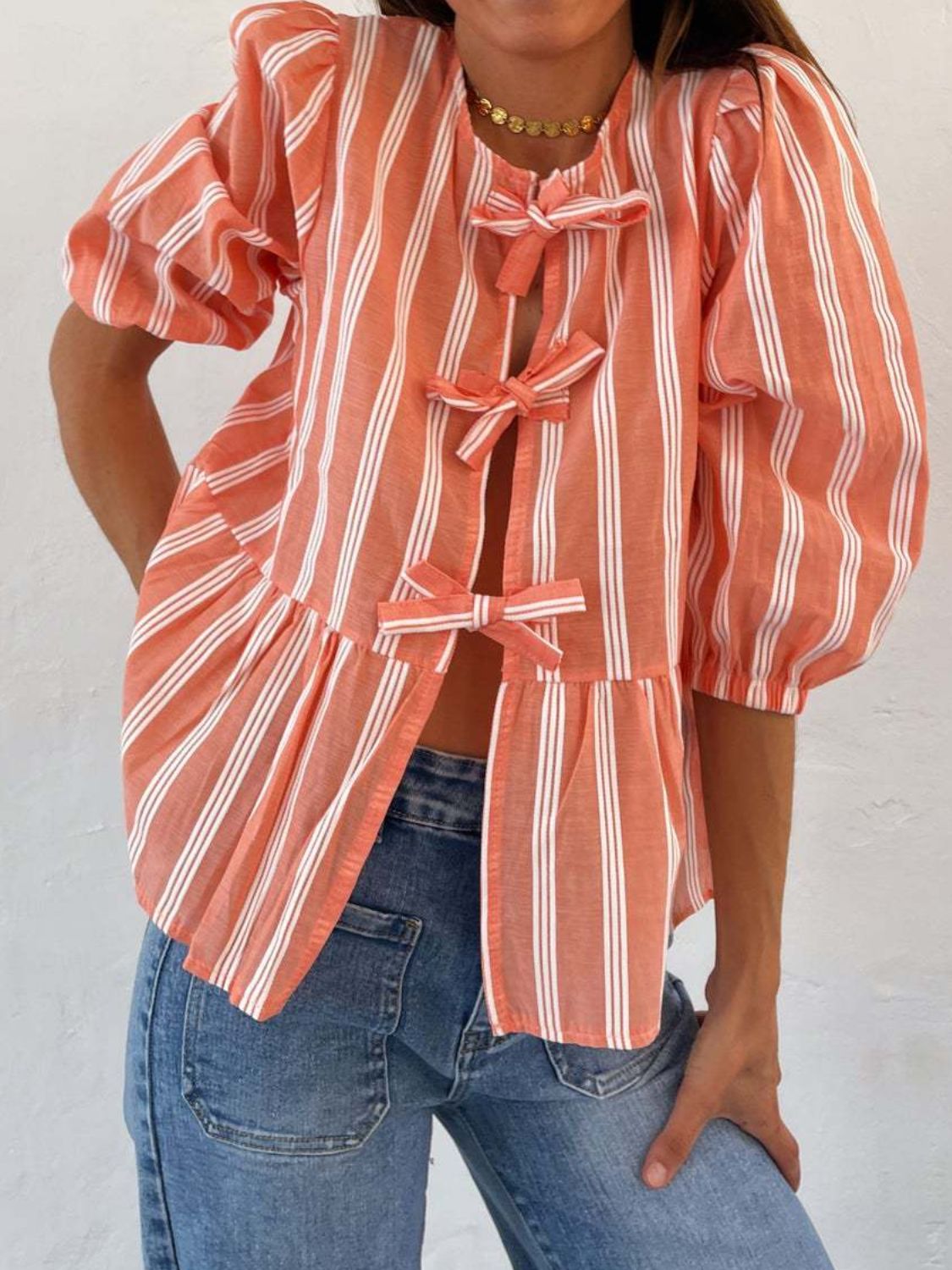 Tied Round Neck Balloon Sleeve Shirt