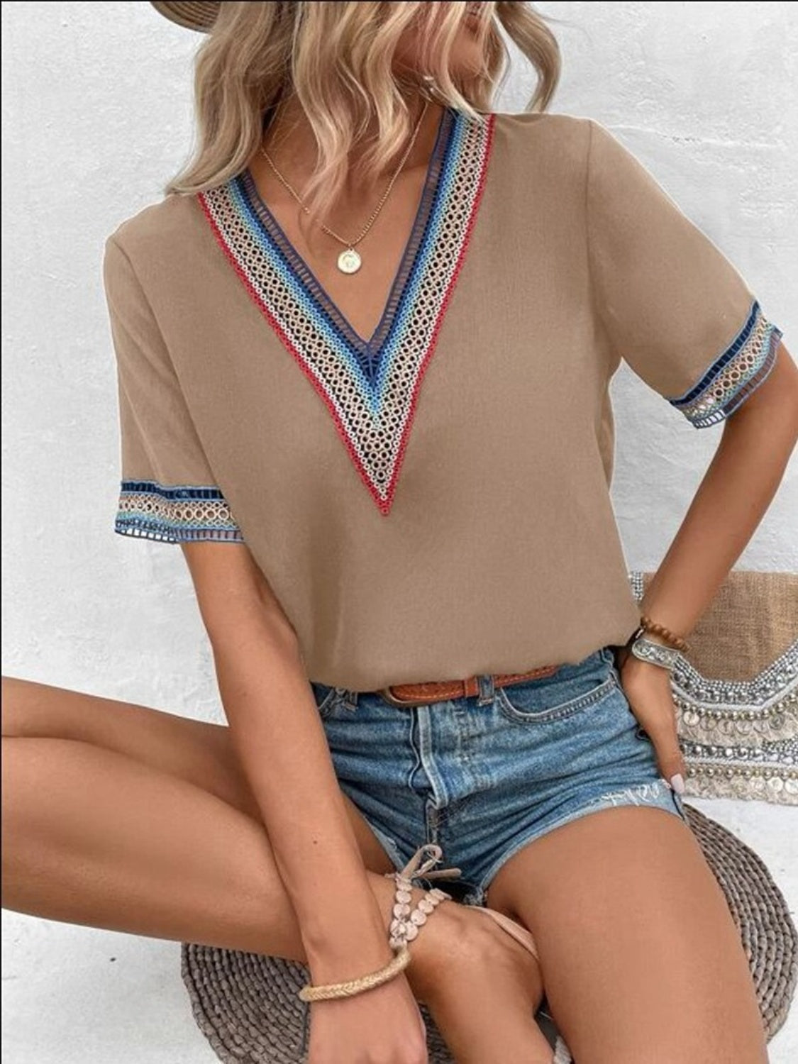 Full Size V-Neck Short Sleeve Blouse