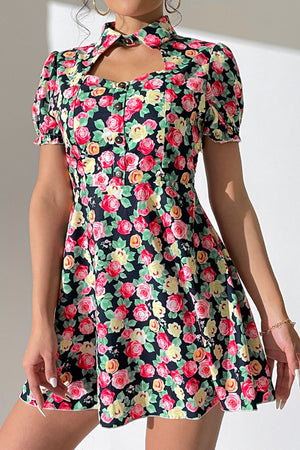 Shiny Floral Buttoned Cutout Puff Sleeve Dress