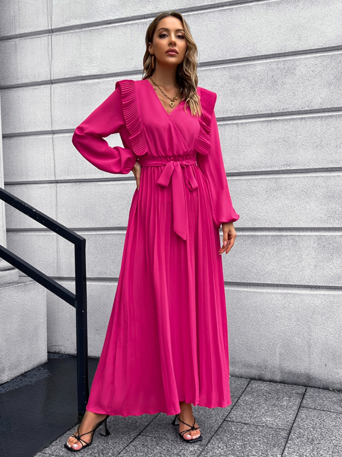 Pleated Surplice Tie Waist Maxi Dress