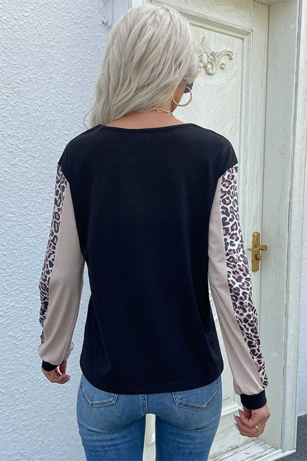 Perfee Leopard Color Block Long Sleeve Sweatshirt