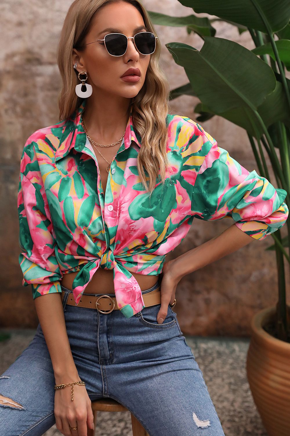 Honey Floral Print Collared Neck Long Sleeve Shirt