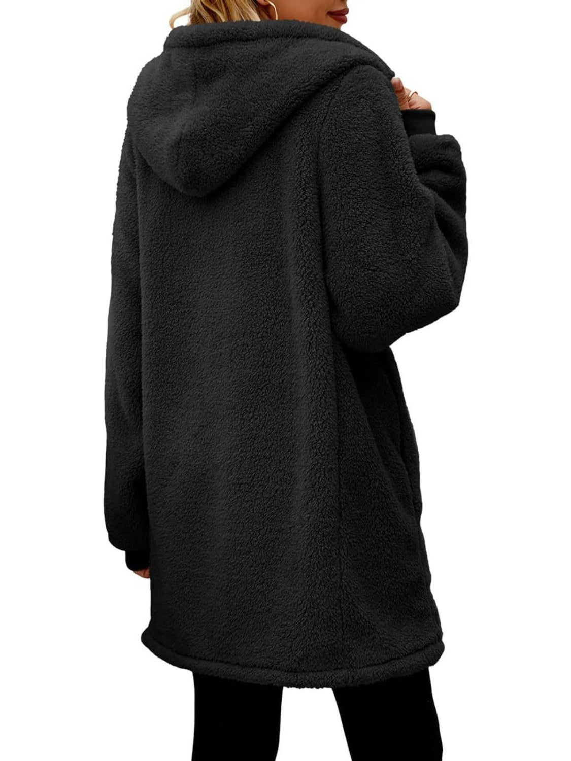 Fuzzy Pocketed Zip Up Long Sleeve Hooded Jacket