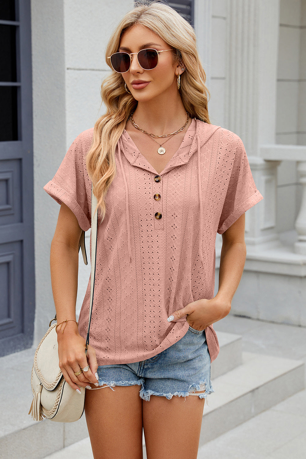 Eyelet Drawstring Hooded Short Sleeve Blouse