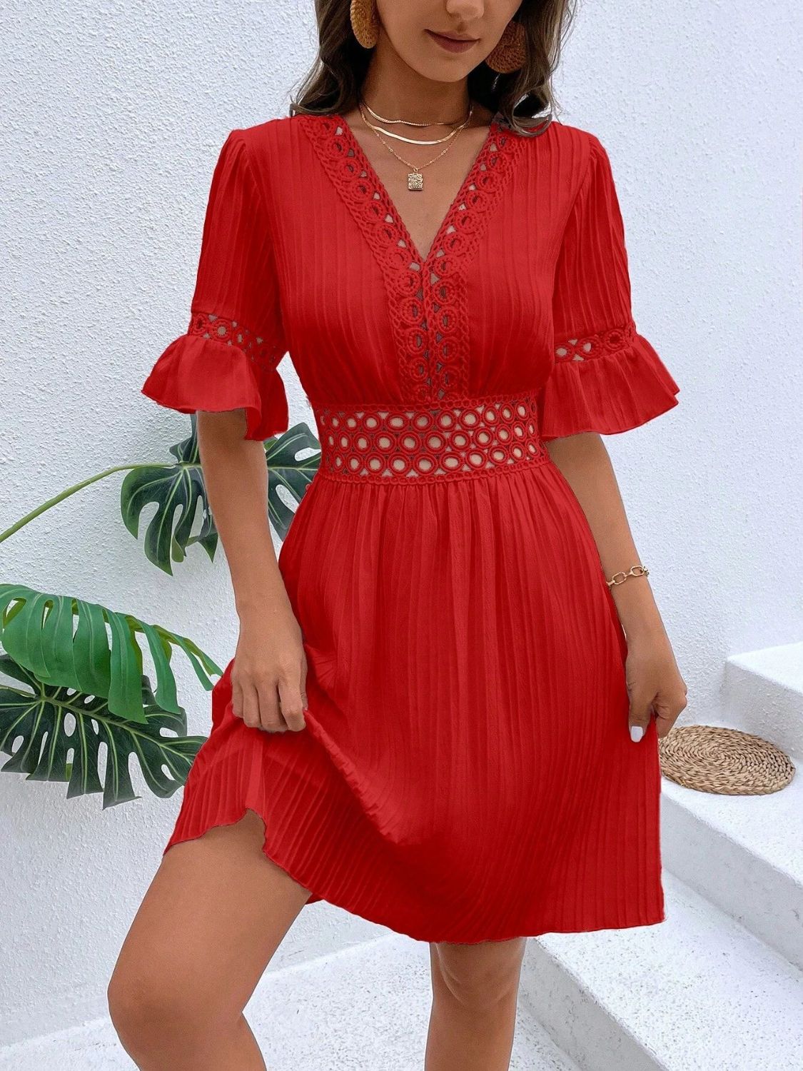 Cutout V-Neck Flounce Sleeve Mini Dress