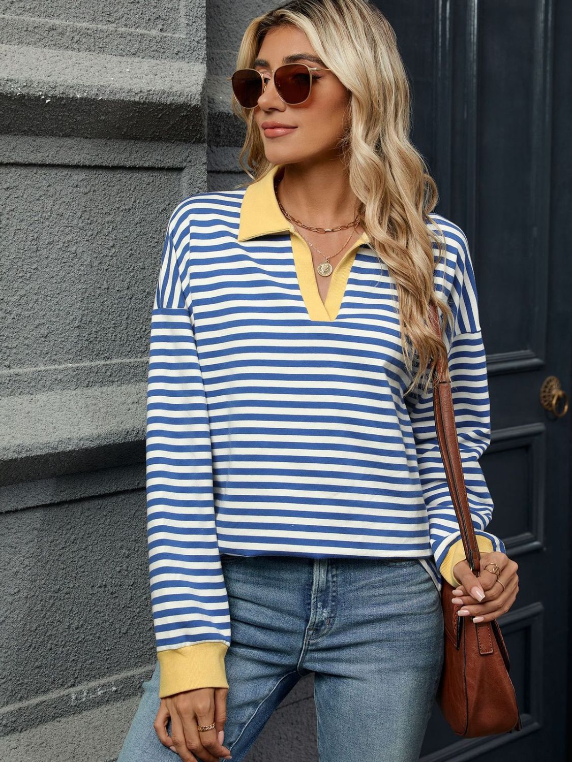 Striped Johnny Collar Long Sleeve Sweatshirt