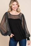 Super Lady Full Size Metallic Mesh Lantern Sleeve Blouse