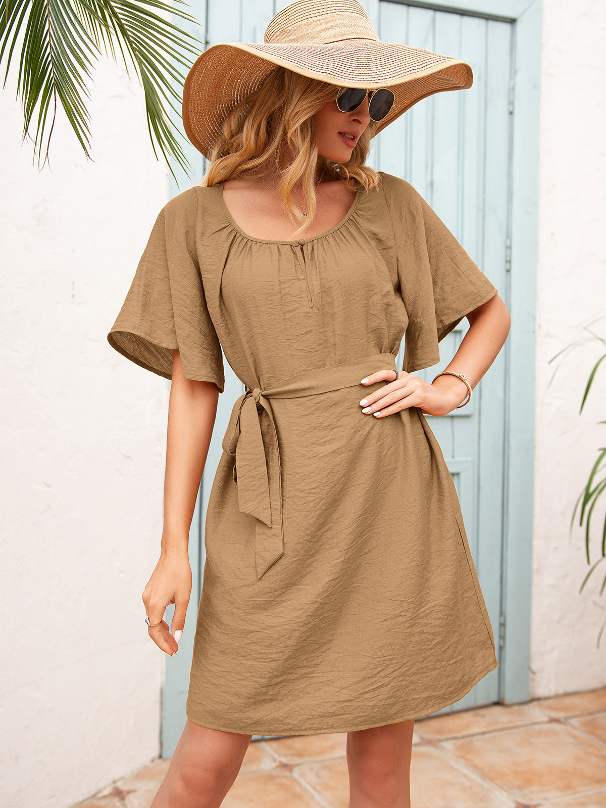 Ivy Lane Tie Waist Flutter Sleeve Mini Dress