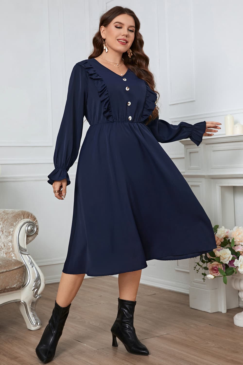 Honey Melo Apparel Plus Size V-Neck Buttoned Flounce Sleeve Dress