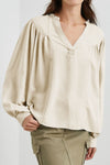 Ruched Notched Long Sleeve Blouse