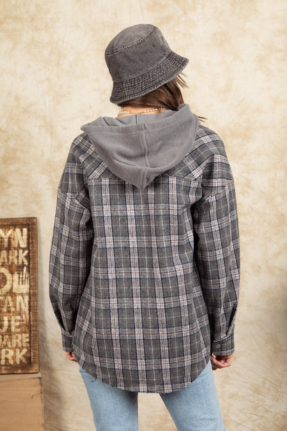 Drawstring Plaid Long Sleeve Hooded Jacket