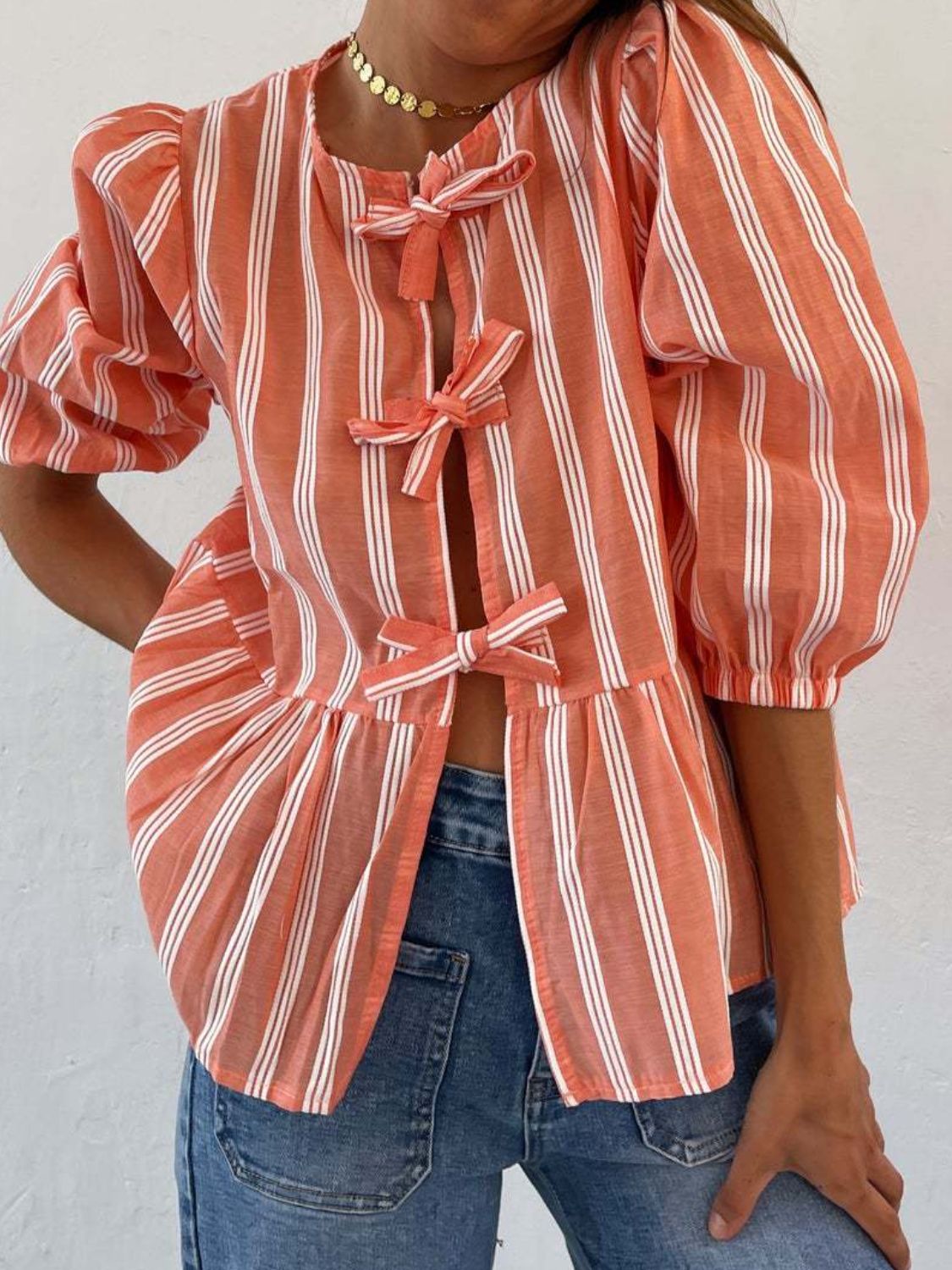 Tied Round Neck Balloon Sleeve Shirt