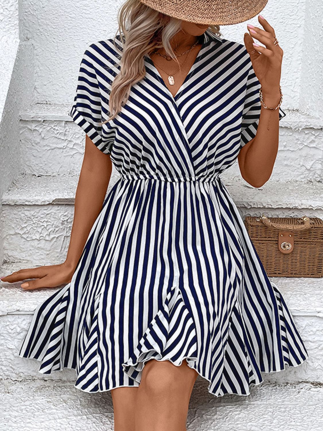 Perfee Striped Johnny Collar Mini Dress