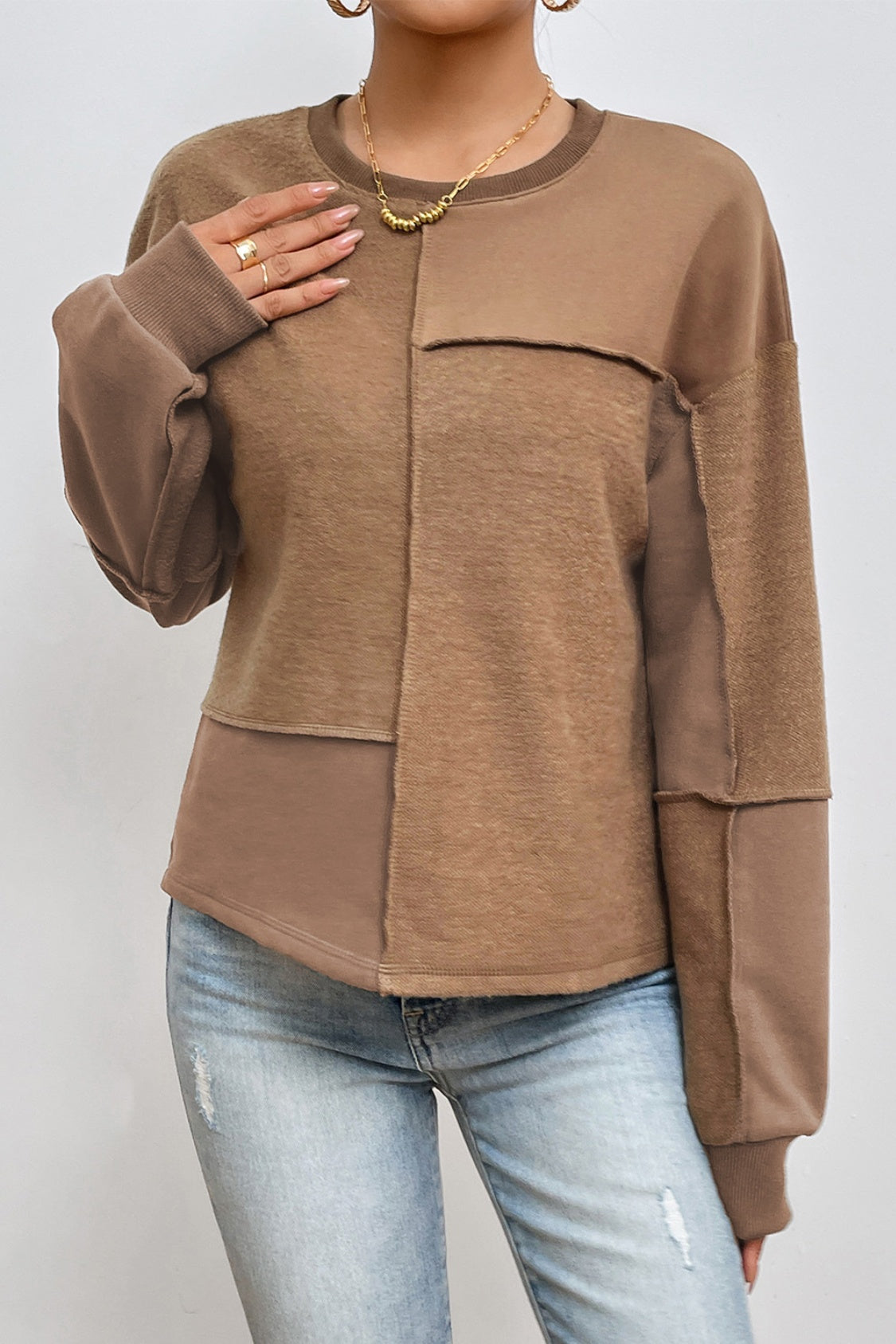 Exposed Seam Round Neck Long Sleeve Sweatshirt