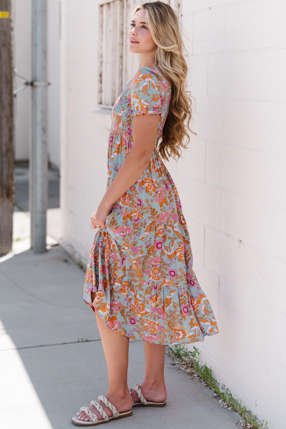 Floral Flounce Sleeve Round Neck Midi Dress