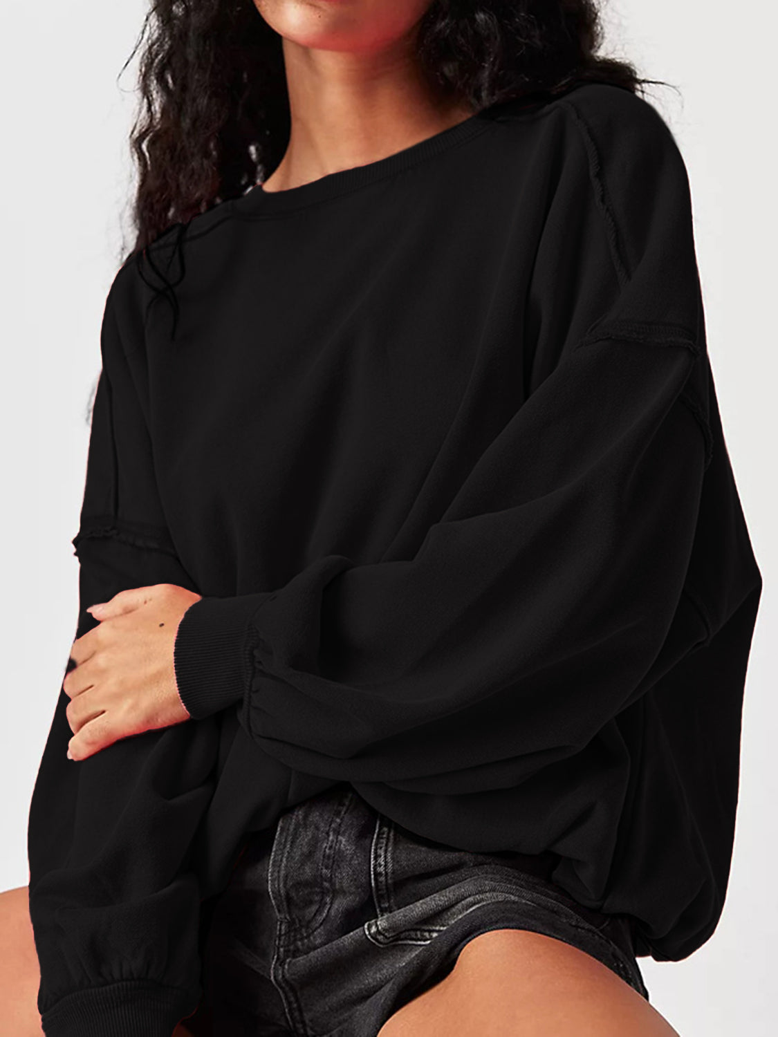 Exposed Seam Round Neck Long Sleeve Sweatshirt